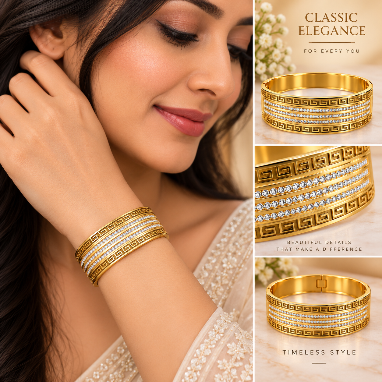 Golden Greek Key Crystal Statement Bangle